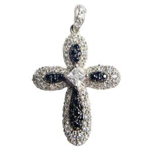 Sterling Silver MEDA Cross Pendant with Black & White CZ Stones